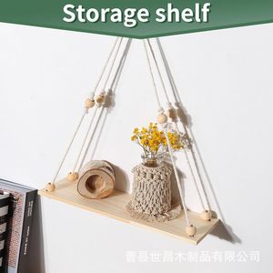 Étagère murale en bois massif, porte-plantes pour salon, support de rangement suspendu décoratif en bois et corde de chanvre - Product Image 3