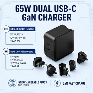 Cargador Premium GaN 5.0 de 65W PD <span class=keywords><strong>3.0</strong></span> con Carga Rápida, Doble Puerto Tipo-C y Cable Retráctil, Certificado CE y UKCA para Viajes - Product Image 2