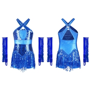 Costumes de danse pour filles de 6 à 16 ans, costumes de danse latine Cha-Cha, justaucorps avec gants métalliques pour les compétitions de salsa - Product Image 4