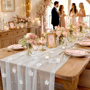 Runner da Tavolo Pafu per Feste, Matrimoni <span class=keywords><strong>e</strong></span> Compleanni, Decorazioni Floreali con Perle <span class=keywords><strong>e</strong></span> Tulle - Product Image 1