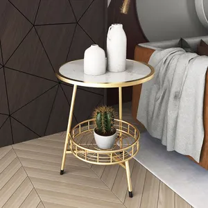 현대 둥근 대리석 2 단 금 철 백색 대리석 최고 침실 밤 스탠드 침대 옆 탁자