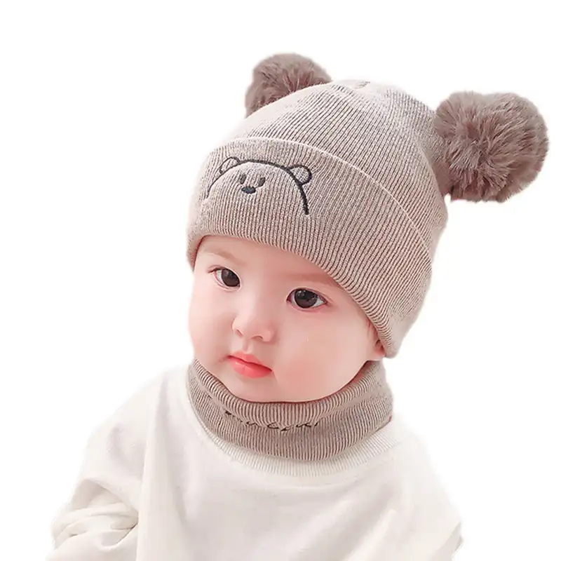 한국 같은 귀여운 곰 자수 어린이 모자 가을과 겨울 더블 볼 모자 턱받이 세트 따뜻한 아기 모자