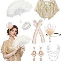 Kit d'accessoires Gatsby des années 20 pour femme : Cape à sequins, bandeau à plumes, éventail, gants et collier de perles
