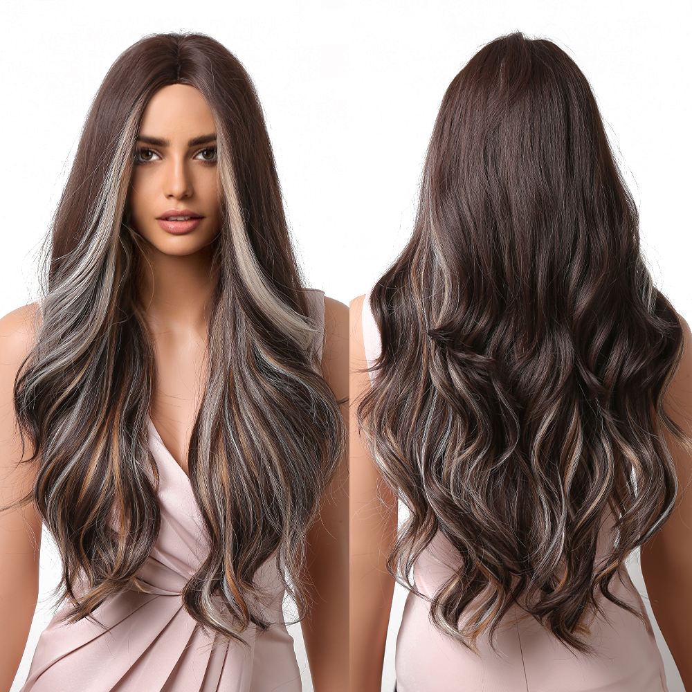 Factory Inventory Wholesale Long Wavy Synthetic Wigs Brown With Gray Honey  Blonde Natural Hair Wigs Factory Made Fiber