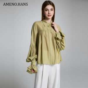<span class=keywords><strong>AMENO</strong></span> Blouses en mousseline de soie à manches longues de couleur unie à volants pour femmes pour l'été - Product Image 6