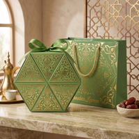 Boîte cadeau Ramadan haut de gamme avec emballage rigide hexagonal en chocolat halal imprimé sur mesure, Dubai, avec sacs en papier