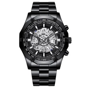 Montre chronographe sport pour homme, cadran squelette, acier inoxydable, étanche, quartz lumineux avec fenêtre de calendrier - Product Image 2