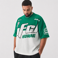 T-shirt en maille à manches courtes pour homme, style rétro moto, vert et blanc, jacquard à blocs de couleur, motif lettres, col rond, coupe oversize
