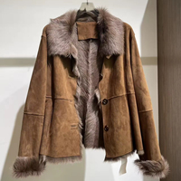 Manteau long décontracté en cuir marron tendance, veste en combinaison de peau de mouton et de fourrure à trois couches pour femmes