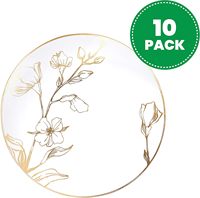 Lot de 10 assiettes jetables en plastique de 7,5 pouces, motif floral avec bordure dorée, sans BPA, conformes FDA, pour mariages, fêtes, anniversaires et événements nuptiaux