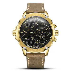 Часы MEGIR Мужские кварцевые с хронографом, спортивные, с двойным часовым поясом, креативные наручные часы с кожаным ремешком, 2093