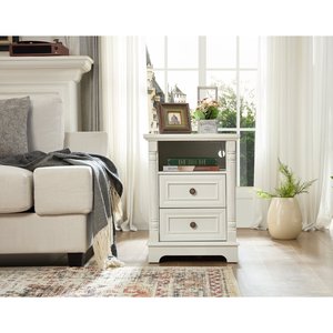 Farmhouse Style 2 Drawer Sofa <b>Side</b> <b>Table</b> With Charging Pedestal <b>Tall</b> Rustic Wood Square Nightstand Wooden Base Roman - Product Image 4