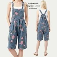 Combinaison en jean à imprimé floral pour femme, salopette vintage sans manches, taille haute, jambe large, style décontracté streetwear, combishort en jean 2026
