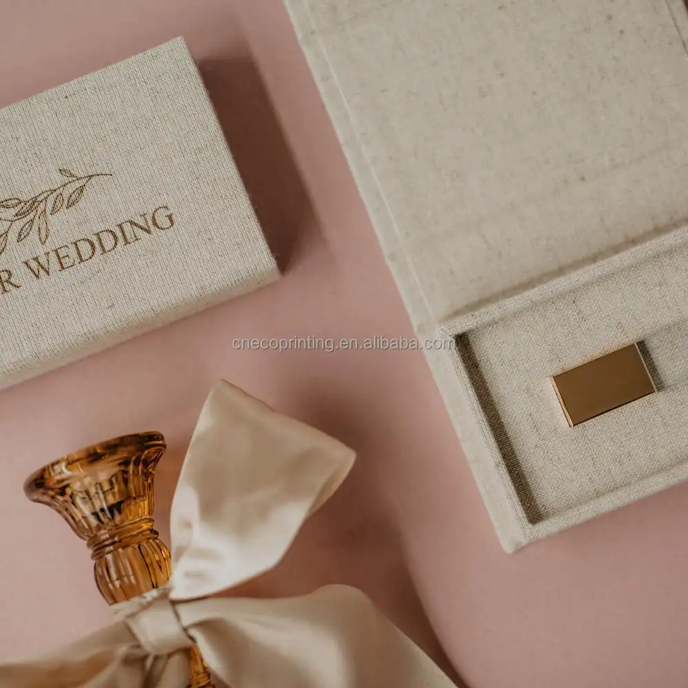 Stampa personalizzata Logo formato lino cartone magnetico USB Flash Drive scatole regalo per matrimonio