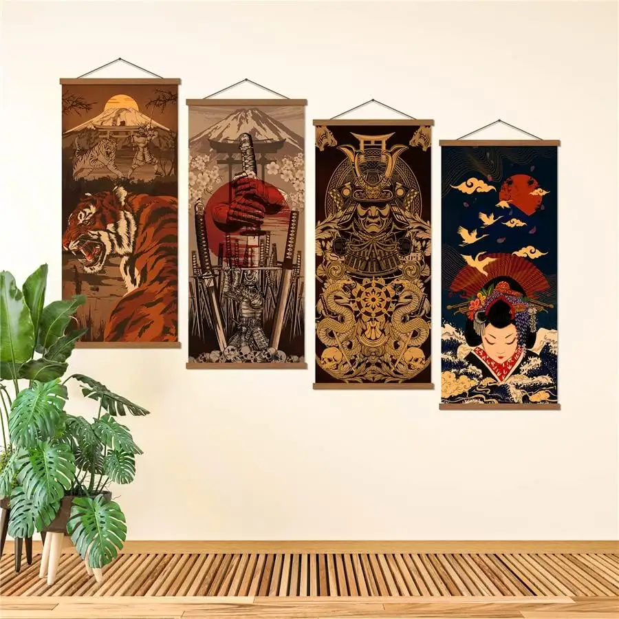 홈 장식 일본 전사 캔버스 사무라이 인쇄 나무 프레임 일본 스크롤 벽 예술 포스터