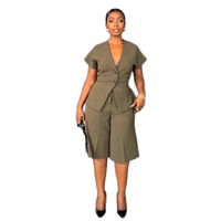 Ensemble blazer et pantalon-culotte pour femme, col en V, manches courtes, plissé, longueur genou, tenue de bureau et de trajet