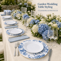 Assiettes de présentation rondes en PP de 13 pouces, imprimé floral blanc et bleu, pour mariages, banquets, fêtes de jardin et décoration de table
