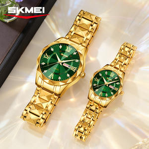 Montre de <span class=keywords><strong>couple</strong></span> de luxe SKMEI 9369-9370 à trois aiguilles avec cadran en diamant, or et argent, montre-bracelet haut de gamme en acier inoxydable - Product Image 1