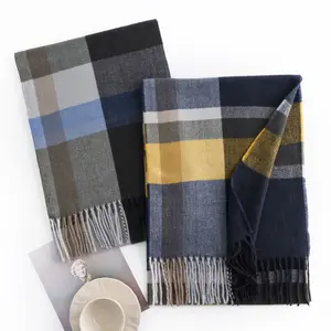 Wholesale Winter Two Colors Custom Luxury Soft Warm Poncho Wrap Shawl with Tassels Long Men Plaid Faux Cashmere Kint Scarf