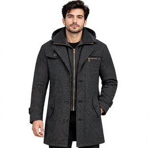 Manteau long en laine mélangée pour homme avec capuche, col à revers cranté, fermeture éclair, longueur genou, épais, pour l'hiver - Product Image 1