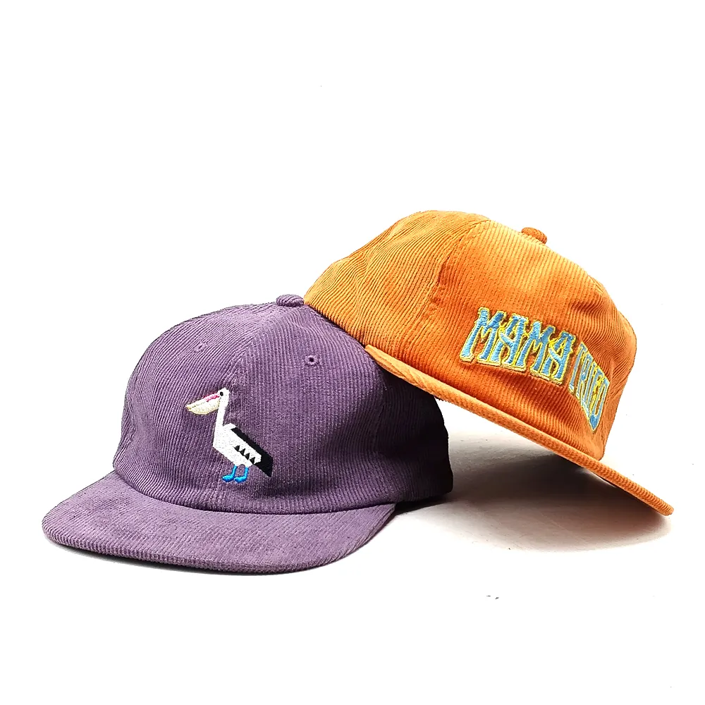 Custom Embroidery Logo Flat Bill Unstructured 5 Panel Cap Corduroy Snapback Hats