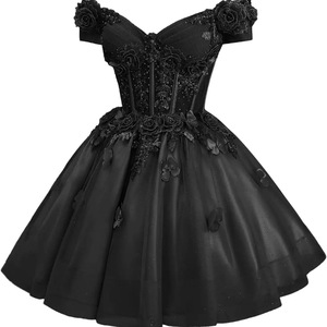 Black Off Shoulder Ball Gown Short Skirt Women Stage Performance Costume Vocal Dress Solid Color Adult Size - Product Image 1