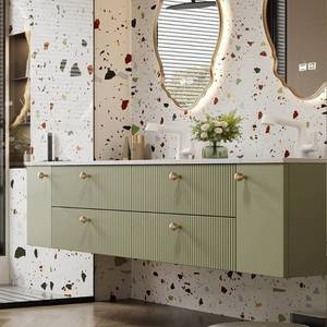 High end villa customized rock slab hot bending integrated double basin intelligent lighting defogging <b>mirror</b> bathroom cabinet - Product Image 2