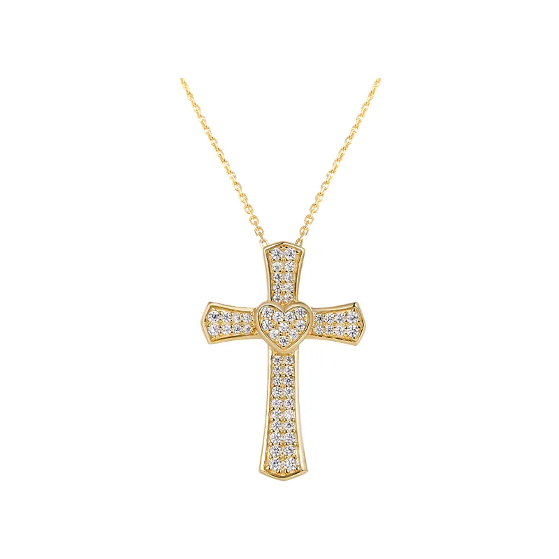 Hot Wholesale 18k Gold Plated CZ Heart Cross Shaped Pendant Necklace Women Engagement Valentine Gift Jewelry