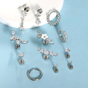 Pendientes de cartílago para mujer, de acero inoxidable hipoalergénico, chapados en oro, con circonita, de base plana, pequeños, tipo botón y aro, modernos - Product Image 4