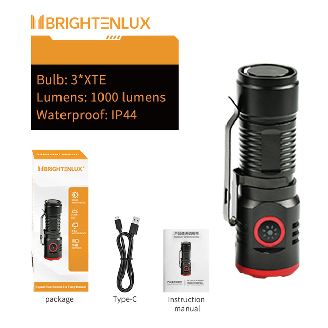 High-Power 1000 Lumens USB Type-C LED Flashlight Lithium 3 XTE LED Tactical Pocket 18350 Rechargeable Mini Flashlight With Clip
