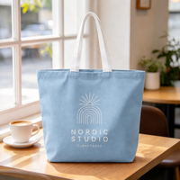 Sac fourre-tout en toile de coton bleu ciel avec logo personnalisé, MOQ flexible, pour femmes, pour le shopping quotidien et les trajets, impression graphique, sangles blanches