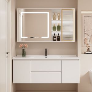 Ensemble <span class=keywords><strong>de</strong></span> meuble-lavabo mural moderne à cannelures avec vasque en céramique intégrée et armoire <span class=keywords><strong>miroir</strong></span> LED pour projets hôteliers et villas <span class=keywords><strong>de</strong></span> luxe - Product Image 3