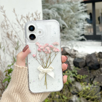 Coques de téléphone antichoc en TPU véritable pour 17 Pro, motif floral, artisanat époxy, nœud papillon, fleurs scintillantes, transparentes