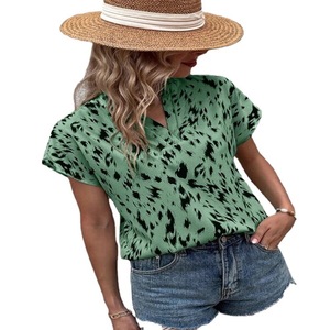 D8014 verano Vintage Moda Para <span class=keywords><strong>Amazon</strong></span> transfronterizo europeo americano mujeres cuello en V suelta <span class=keywords><strong>manga</strong></span> <span class=keywords><strong>corta</strong></span> pulóver camisa frontal - Product Image 5