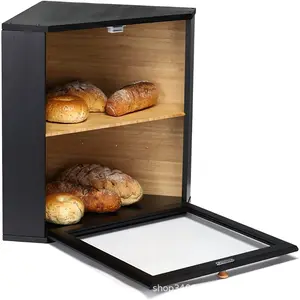 صندوق خشبي كبير من طبقتين لتخزين الخبز في الزاوية مصنوع من خشب البامبو يصلح على طاولة المطبخ