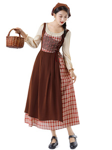 En stock : Ensemble de costumes de cosplay Médiéval Femme et Enfant, style Fille de ferme, avec <span class=keywords><strong>robe</strong></span> tablier à carreaux en polyester, Tailles S-2XL, pour fête - Product Image 4