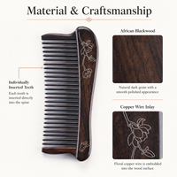 Peigne démêlant compact en bois de cajou africain à dents larges avec incrustation de fil de cuivre, idéal pour logo personnalisé, vente en gros OEM B2B