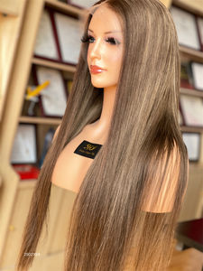 Lujo Balayage Chocolate Marrón Pelucas de cabello humano Marrón Resalta Peluca Recto sedoso Cabello largo de 24 pulgadas - Product Image 4