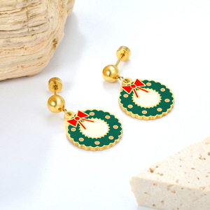 ต่างหูรูปพวงหรีดคริสต์มาส โลหะผสมสังกะสี สีเขียว สีแดง โบว์ ของตกแต่งงานปาร์ตี้สำหรับผู้หญิง - Product Image 1