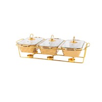 Ensemble de 3 réchauds en céramique martelée dorée avec couvercle en verre et support chauffant doré, réchaud rectangulaire pour buffet, idéal pour la restauration