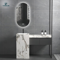 Meuble de salle de bain de style européen en marbre noir, ensemble de vanité en pierre frittée de 36 pouces avec plan de travail, lavabo double suspendu