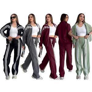Ensemble de survêtement sport pour femme, sweat à capuche zippé long, pantalon ample à jambes larges, en polyester et coton, couleur unie, tenue décontractée Q6395 - Product Image 1