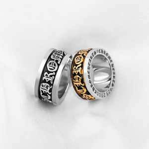 yunnique European American Retro Punk Style <b>Black</b> Gold Wide <b>Titanium</b> Steel Rotating Letter <b>Ring</b> Everyday Wear - Product Image 2