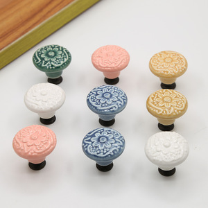 Tiradores de cajón antiguos de cerámica redondos para muebles Tiradores coloridos con cara de flores en relieve - Product Image 2