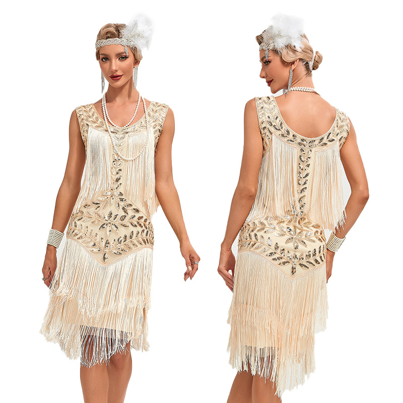 slim fit dress slacks Plus Size White & Gold Beaded Stella Flapper Dress – Flapper Boutique main image 1