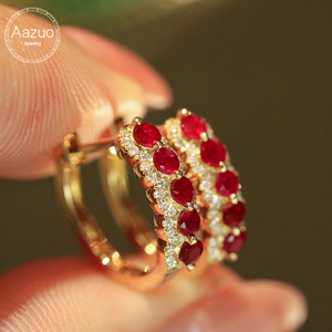 Aazuo, joyería de lujo de 18 quilates, oro amarillo macizo, rubí natural, diamantes reales, pendientes con gancho de flor a la moda, regalo para damas, uso diario - Product Image 1
