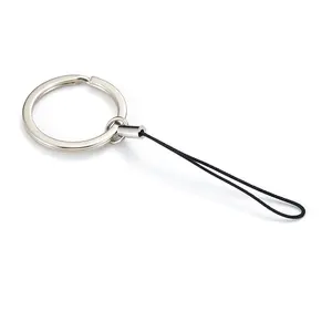 Cincin kunci dengan tali gantungan kunci, gantungan kunci ponsel warna perak hitam dengan kabel nilon untuk ponsel USB Flash Drive