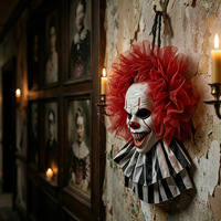 Masque de Clown Effrayant à Suspendre au Mur avec Col en Tulle Rouge, Volants Noirs et Blancs, Accessoire d'Horreur pour Halloween, Décoration de Maison Hantée