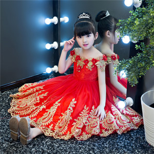 E2woo Nuevo Vestido Largo de Fiesta para Niñas, con Bordado de Flores Rojas, Estilo Princesa, de Un Solo Hombro, para Primavera y Verano - Product Image 1