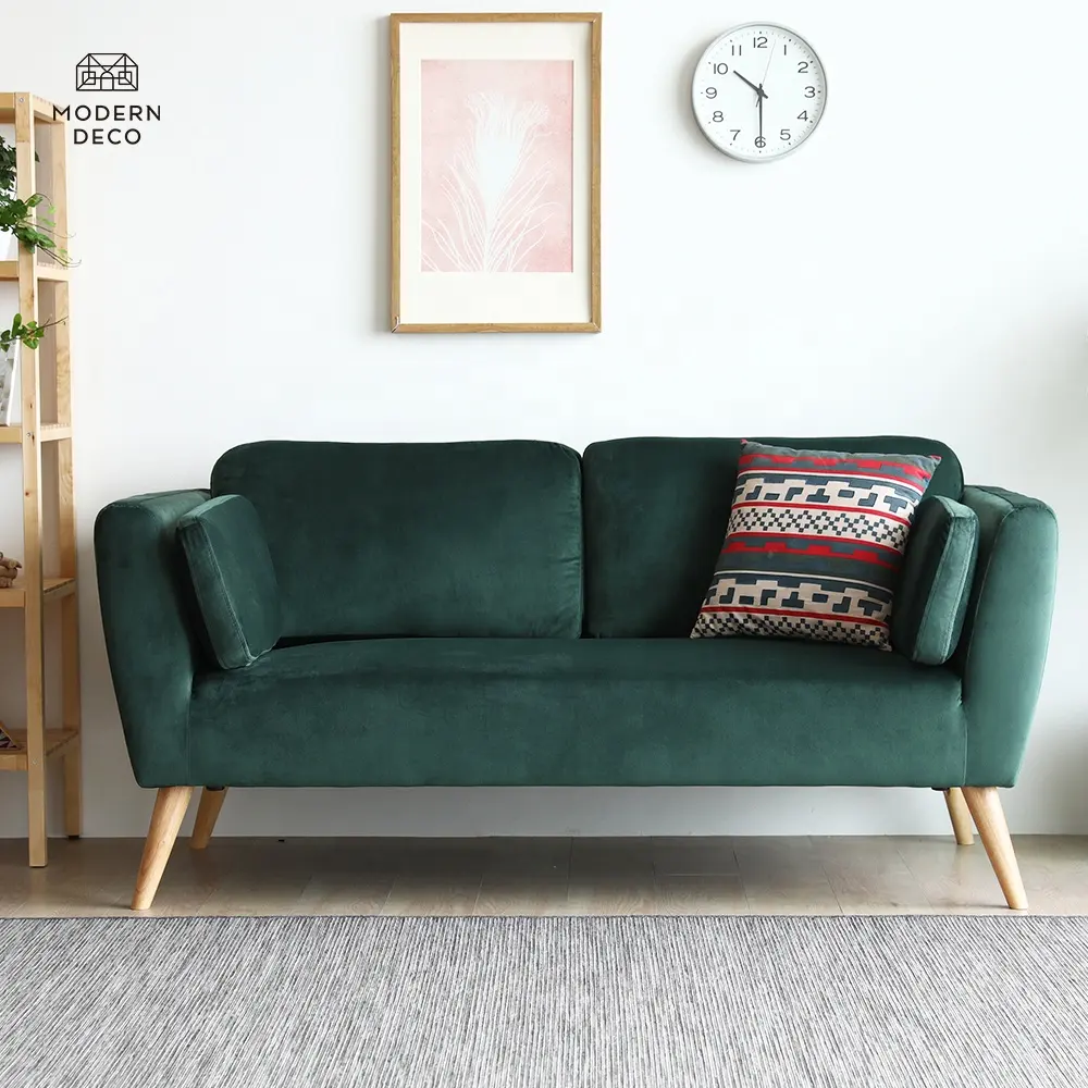 Loveseat-mueble nórdico moderno de terciopelo, canapé verde, 2 asientos con patas de madera de haya, roble, olmo de nogal, teca